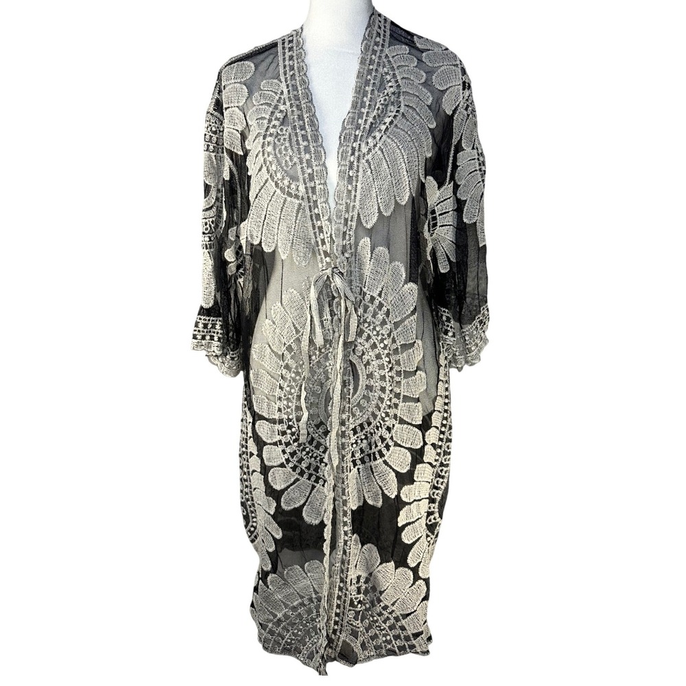 Ember Boho-Style Sheer Mesh Embroidered Kimono Duster